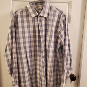 Van Heusen Men's button up shirt, Blue/gray/white/orange plaid 16 1/2 × 34/35